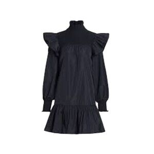 Cinq a Sept River Taffeta Flounce Mini Dress Womens 6 Navy Blue Long Sleeve Mock